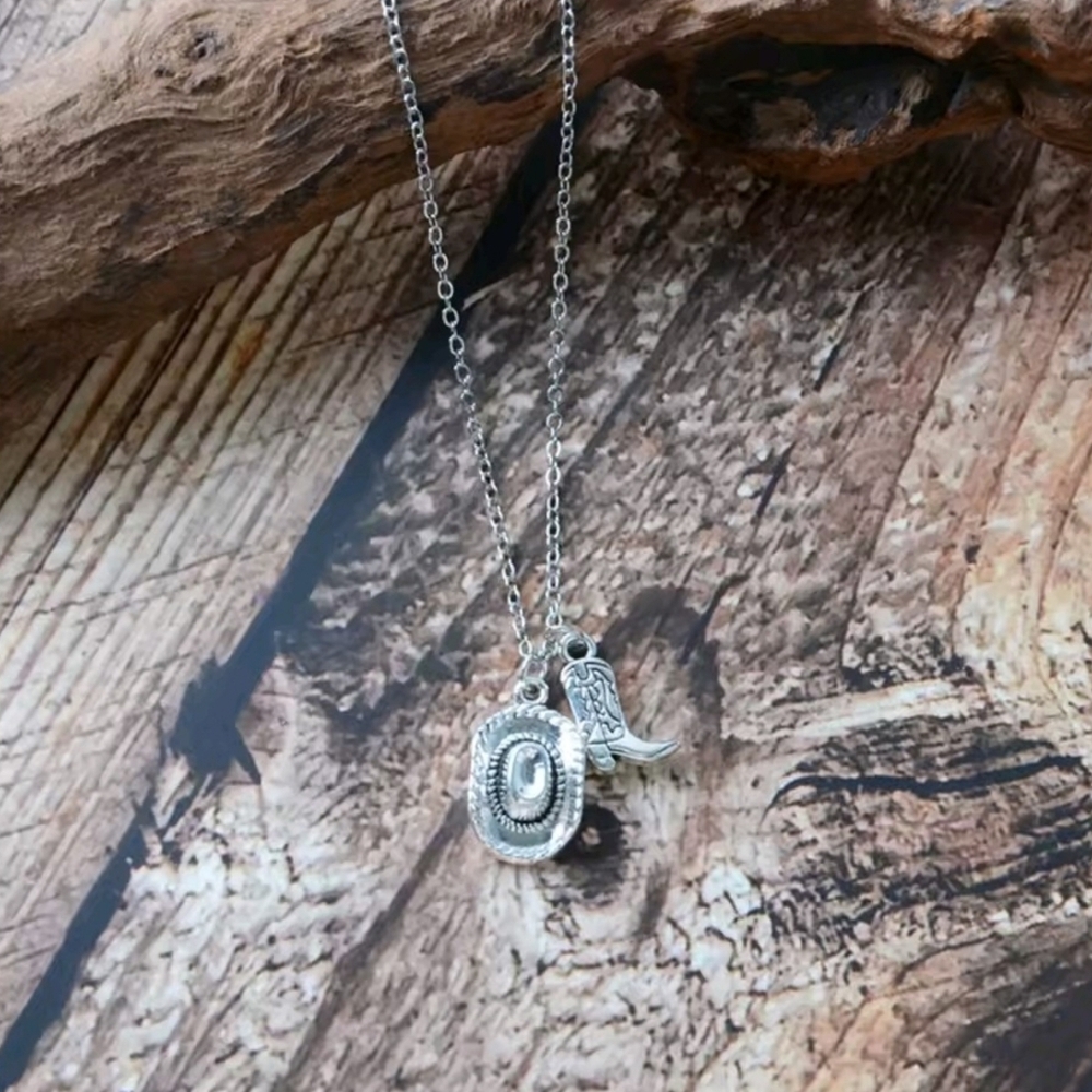 Silver Western Cowboy Hat & Boot Necklace Dainty Coastal Cowgirl Jewelry - Picture 10 of 12